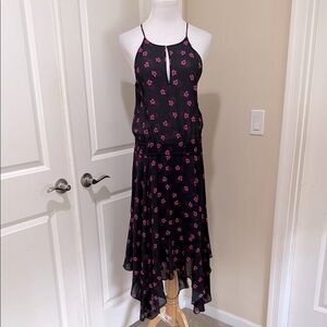 A.L.C. 100% Silk Whimsical Fairy Keyhole Black/Pink Floral Midi Dress Size 10